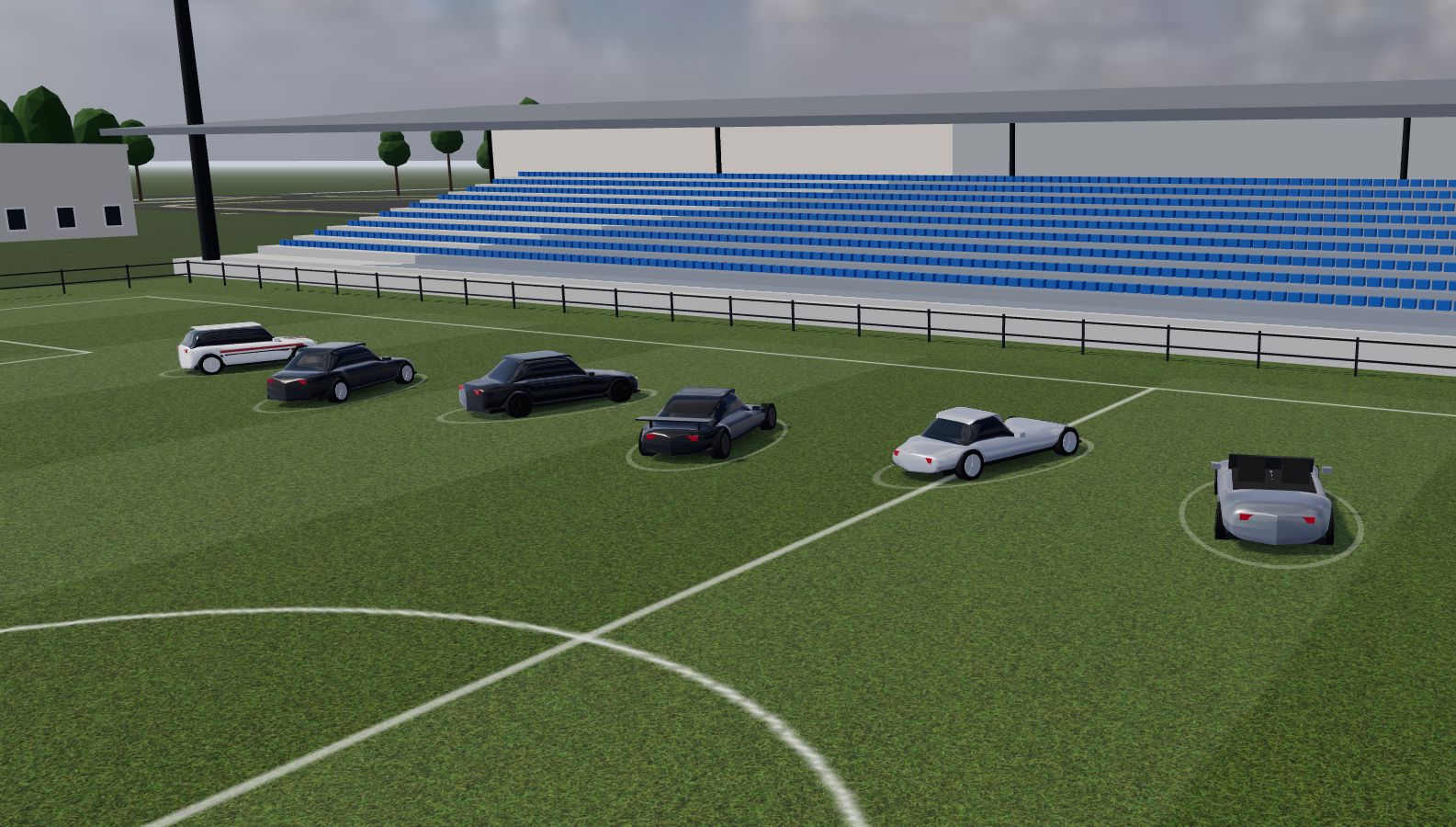 Il parcheggio del raduno 3VSM al Fiorente Stadium di Stezzano, ricostruito in 3D con le auto delle foto
